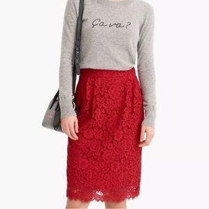 J Crew Red Lace Pintuck Pencil Skirt 10